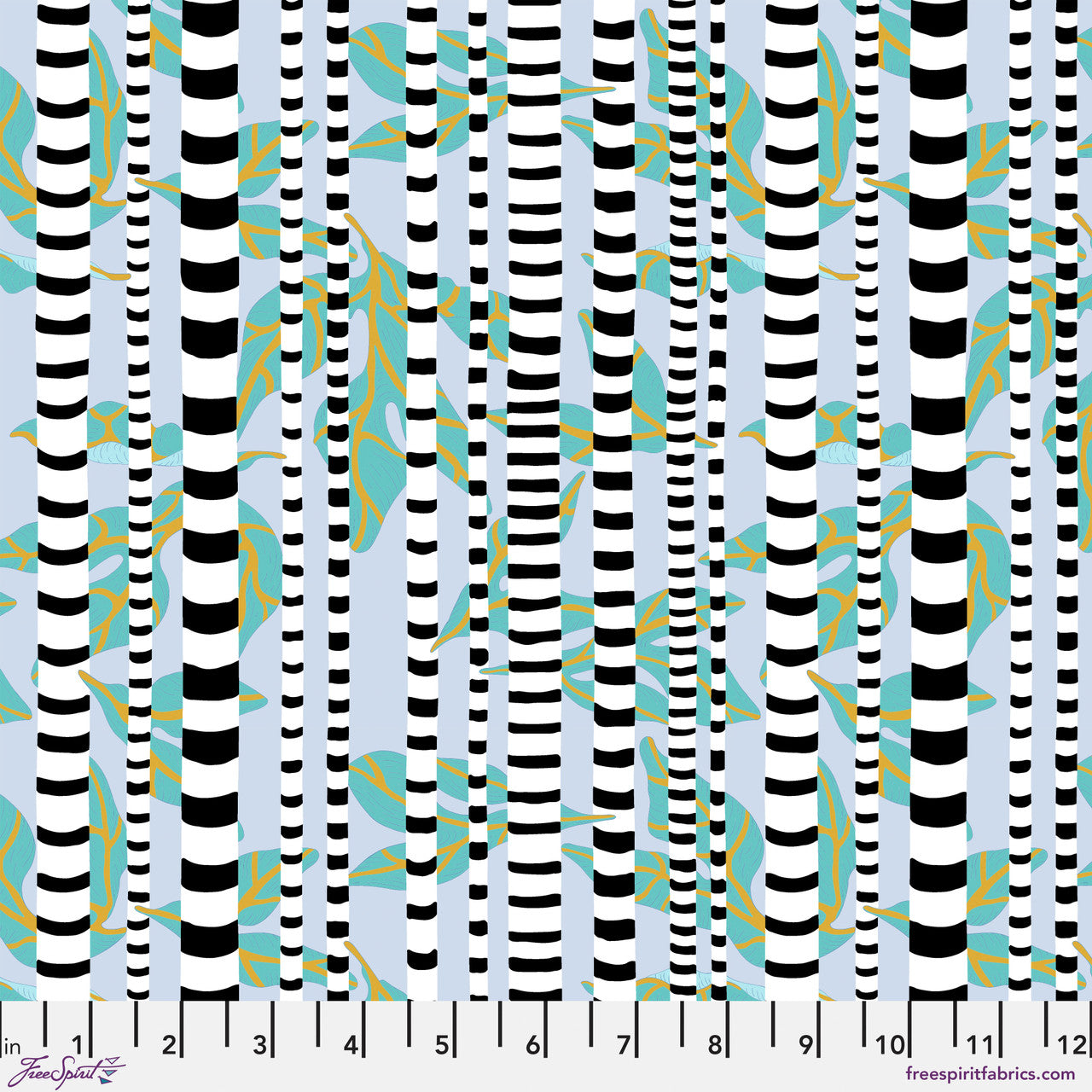 black and white striped vertical lines on a blue background with blue leaves