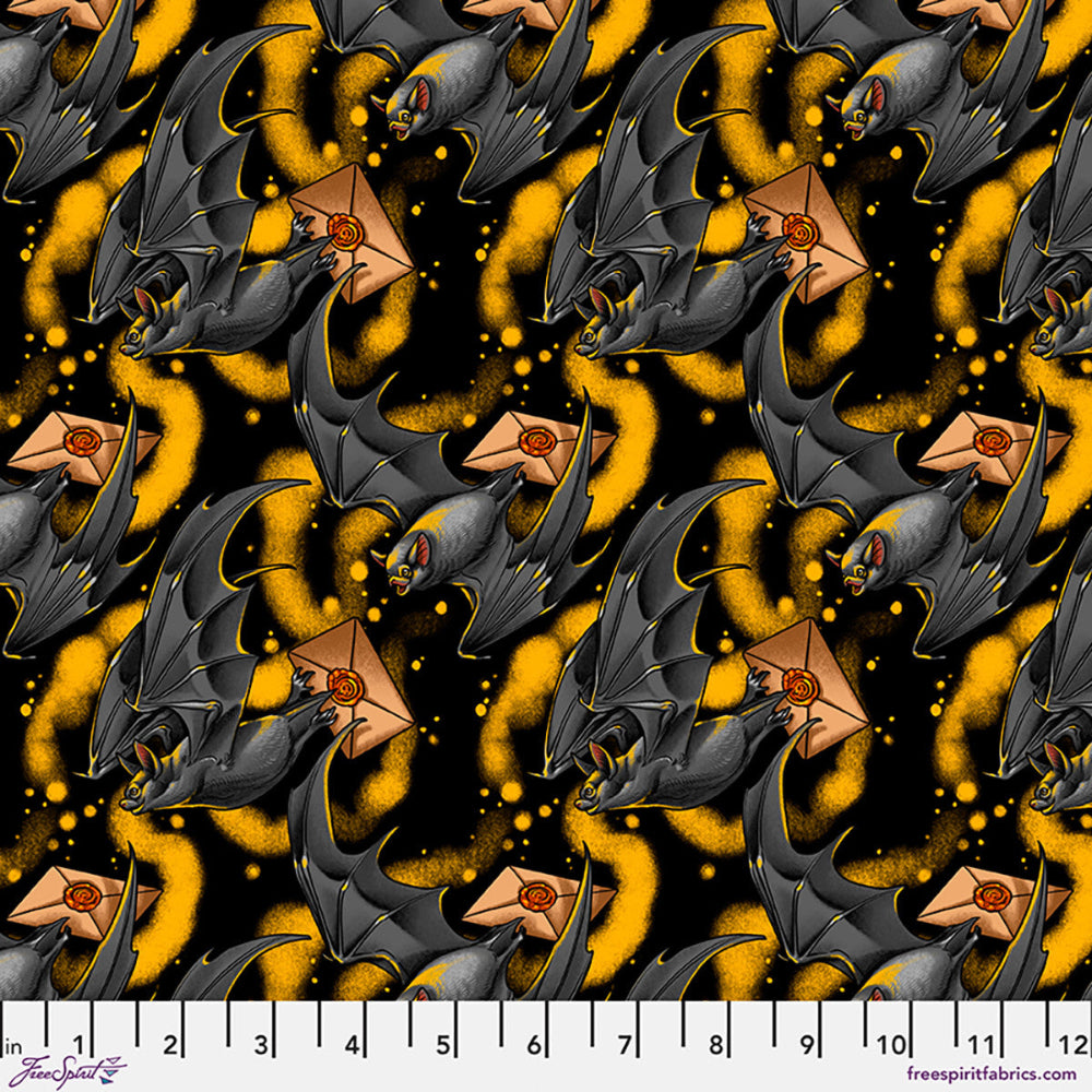 Pattern of vats and envelopes on a black background with a ruler at the bottom.