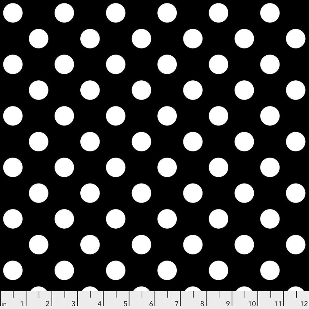 Black fabric with white polka dots