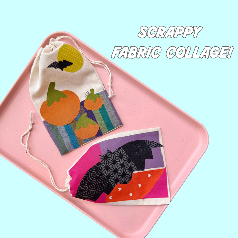 two drawstring bags on a pink tray with a blue background