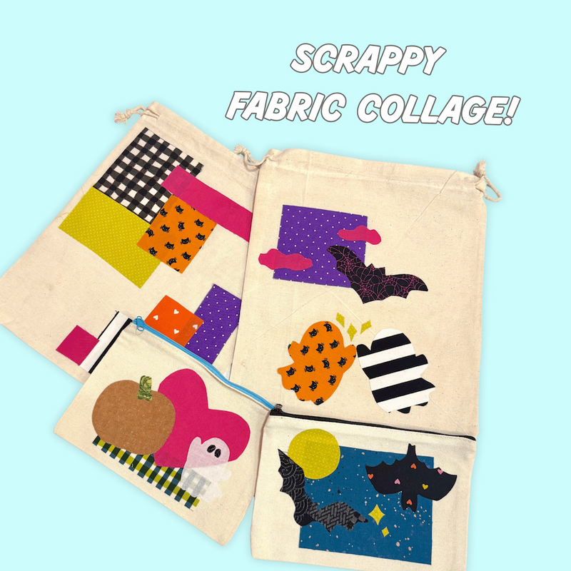 patchwork fabric collage on a blue background