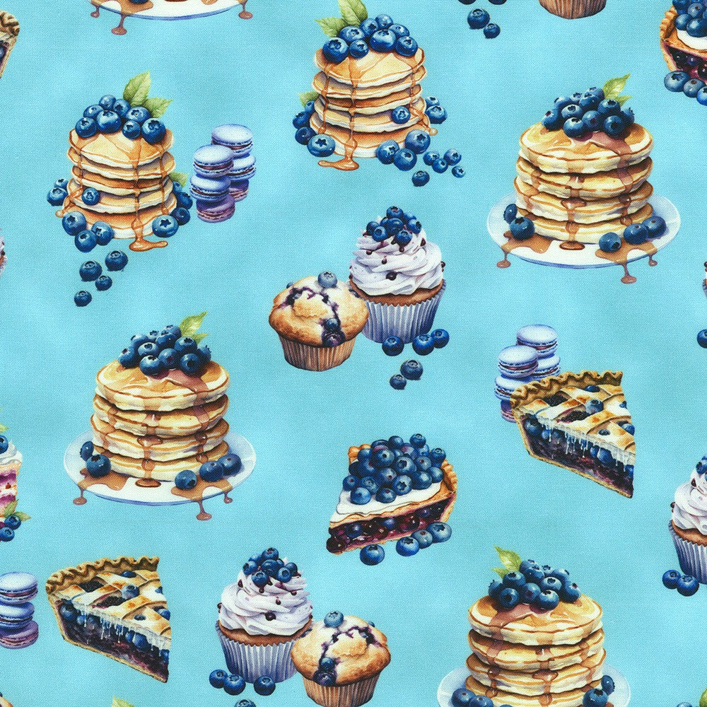 Pattern of pancakes, blueberries, and pastries on a blue background