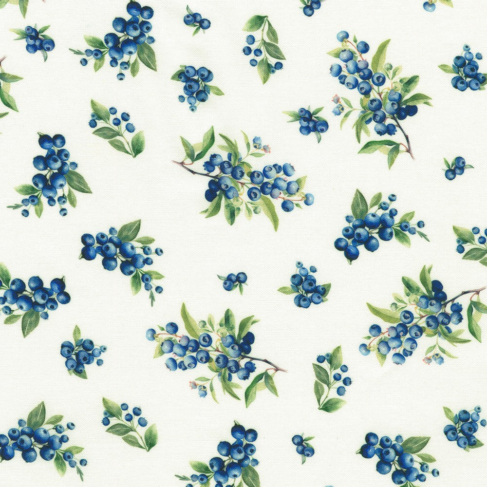 Pattern of blueberries and green leaves on a white background