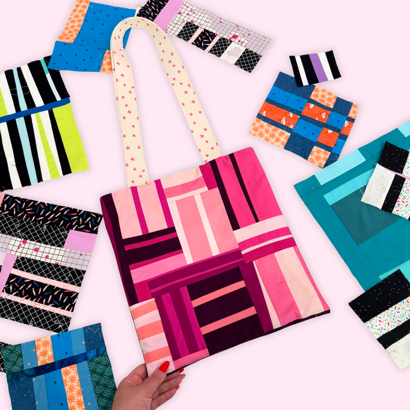 Colorful geometric-patterned tote bag held by a hand with fabric swatches in the background.