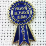 Needle Minder - blue ribbon with the words Stitch & Bitch Club Member on it