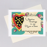 display image of valentine's day greeting card featuring hearts and peacock feathers that says 