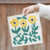 display image of a hand sewn quilted wall hanging from a kit with yellow flowers on it 