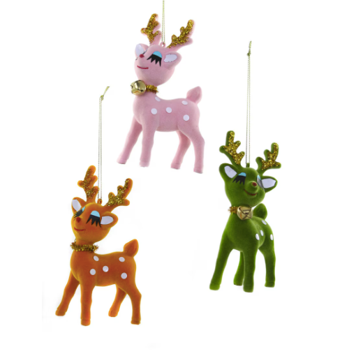 Three colorful deer ornaments in pink, green, and orange on a white background