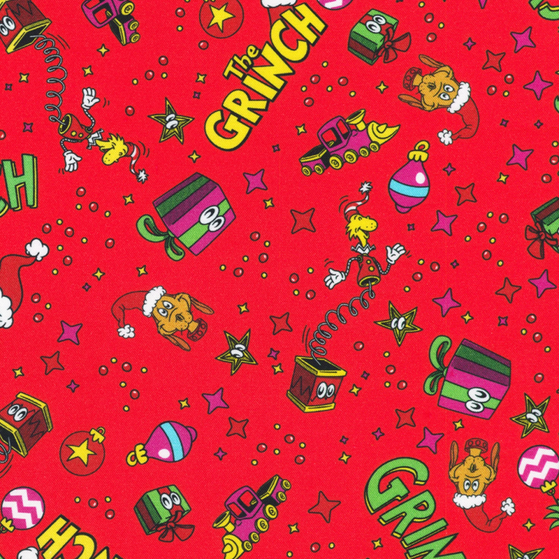 Pattern of 'The Grinch' characters and elements on a red background
