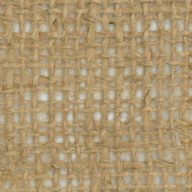 Close-up of brown burlap fabric on a white background.