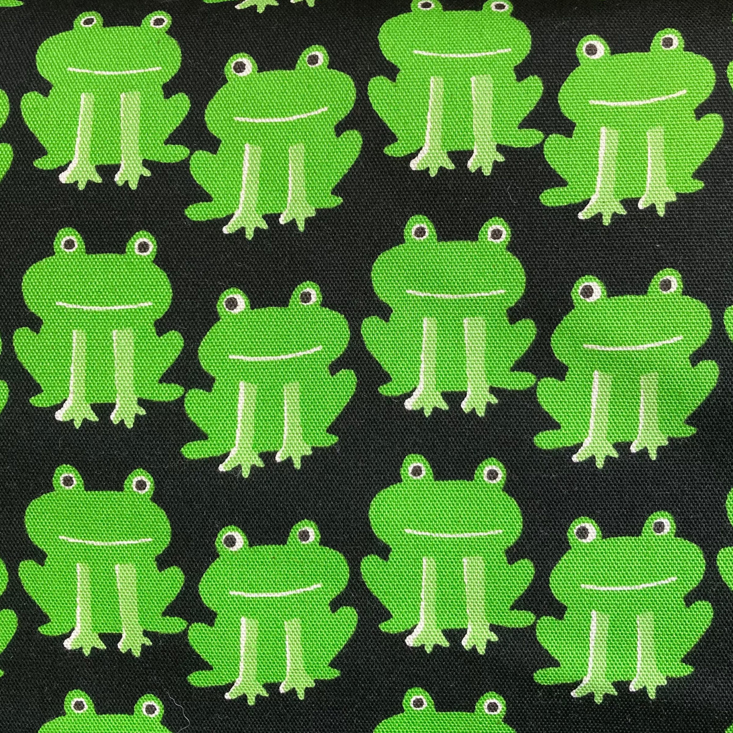Happy green frogs line up on a black background in this canvas fabric from Sevenberry