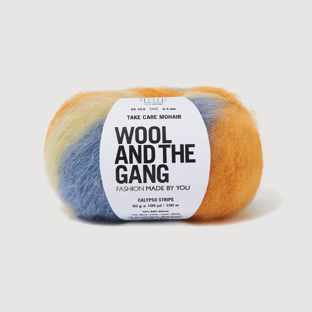 Multicolored yarn skein with 'Wool and the Gang' label on a white background