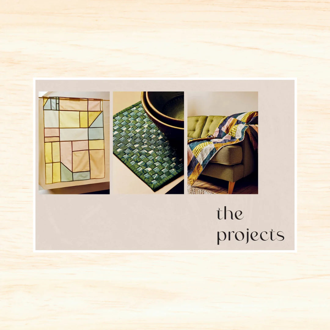 Tiles showing three different sewing projects, a wall hanging, a coaster and blanket in earthy tones.