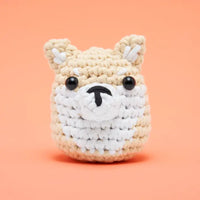 Front view of a beige and white crocheted shiba inu
