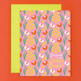 Pink card with Tulips that reads Congrats to the Happy Couple!