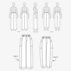 Technical drawing of a pants pattern with multiple views on a white background