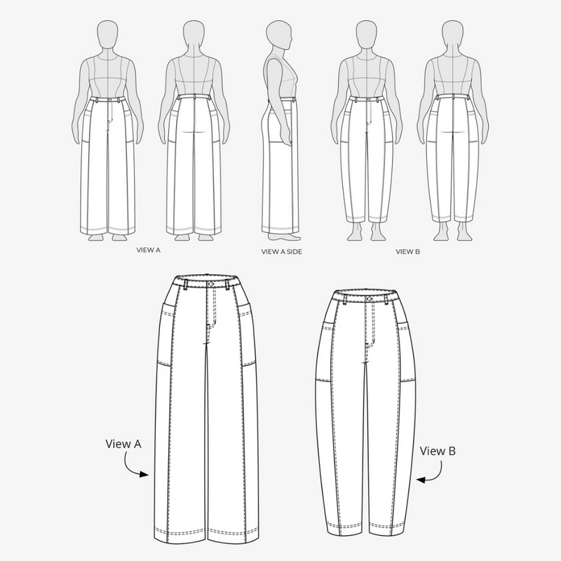 Technical drawing of a pants pattern with multiple views on a white background