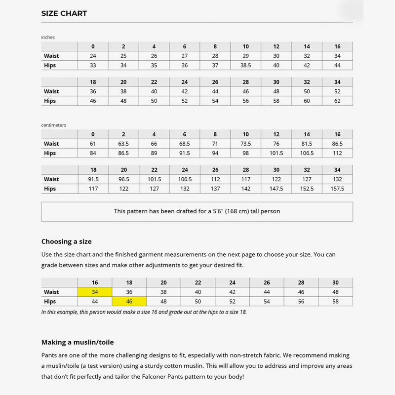 Size chart for waist and hips with measurements in both inches and centimeters.