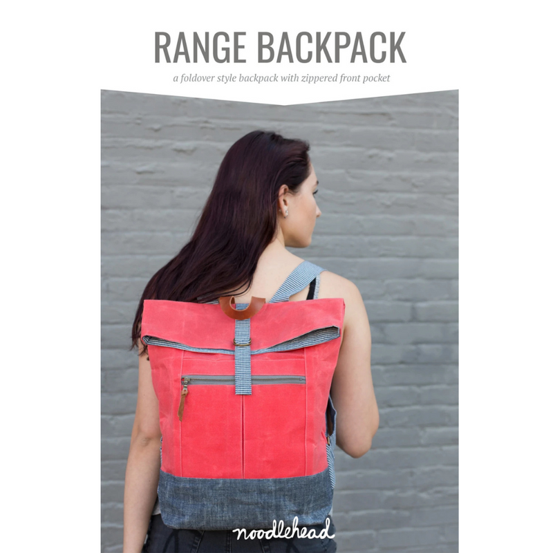 Sewing pattern with photo of person wearing a red backpack with a fold-down top and grey straps