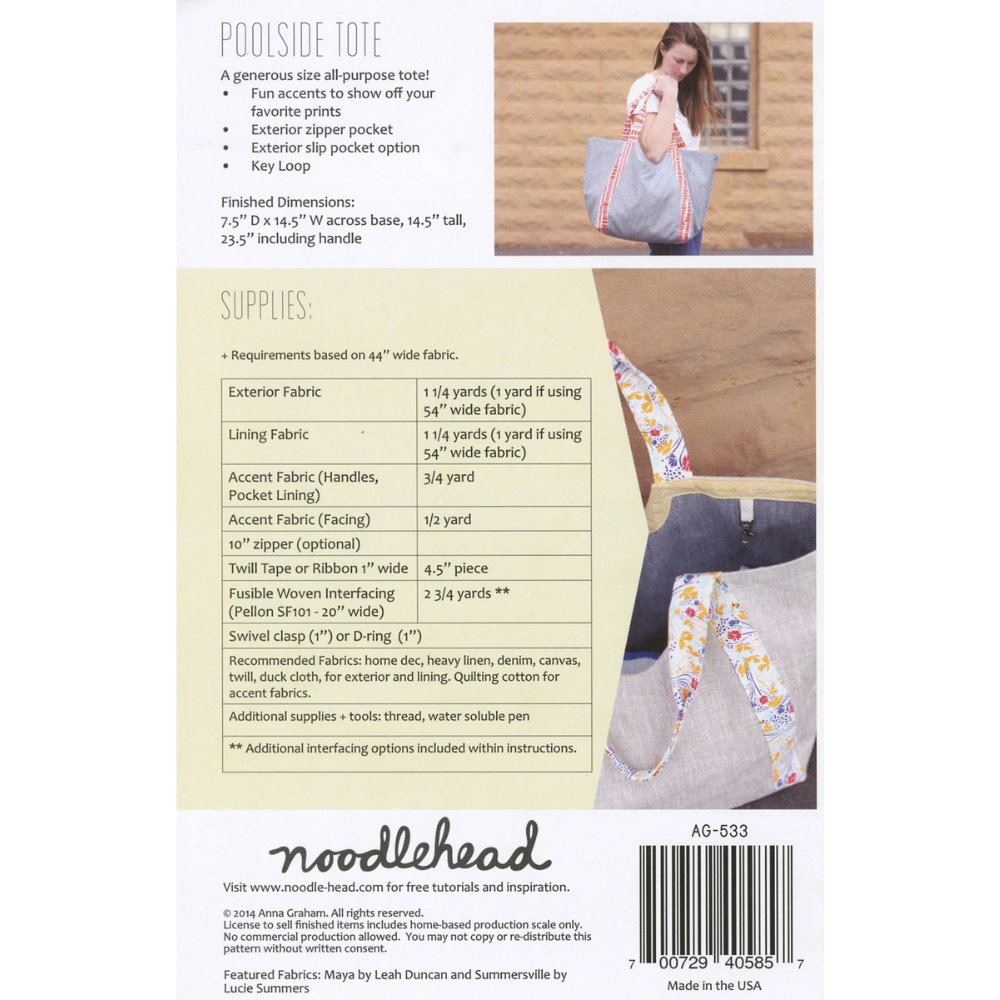Pattern leaflet for a poolside tote bag with fabric requirements and images of the bag.