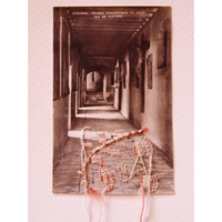 Artistic depiction of a long corridor with abstract embroidered elements at the bottom