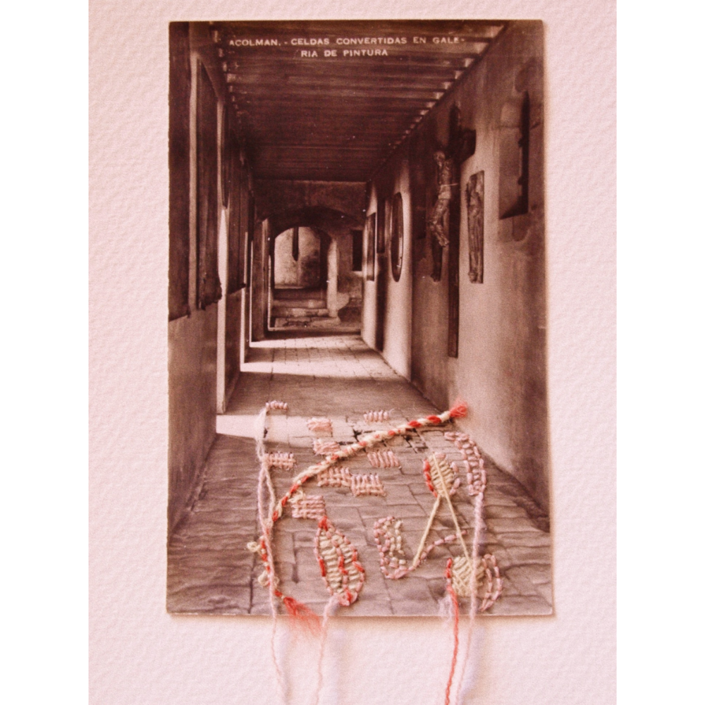 Artistic depiction of a long corridor with abstract embroidered elements at the bottom
