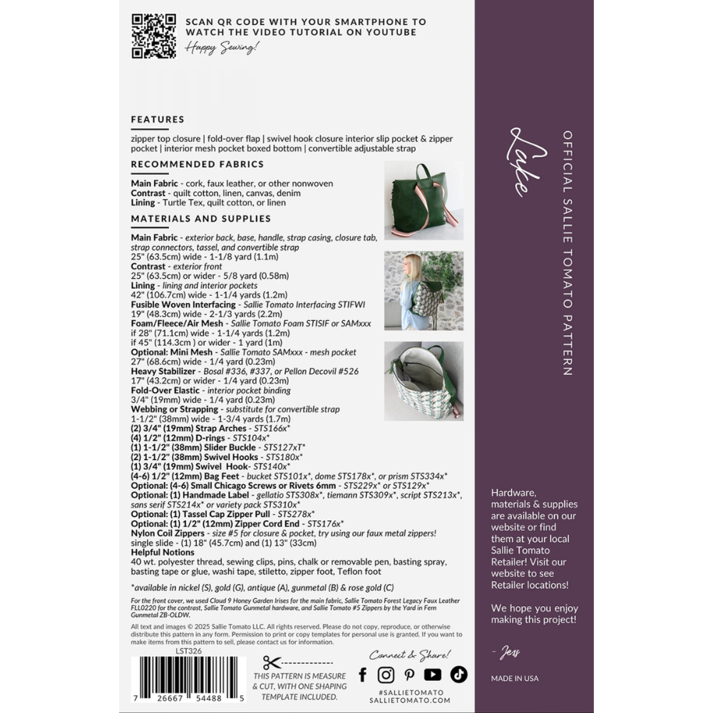 Back of a pattern with text describing features and materials 