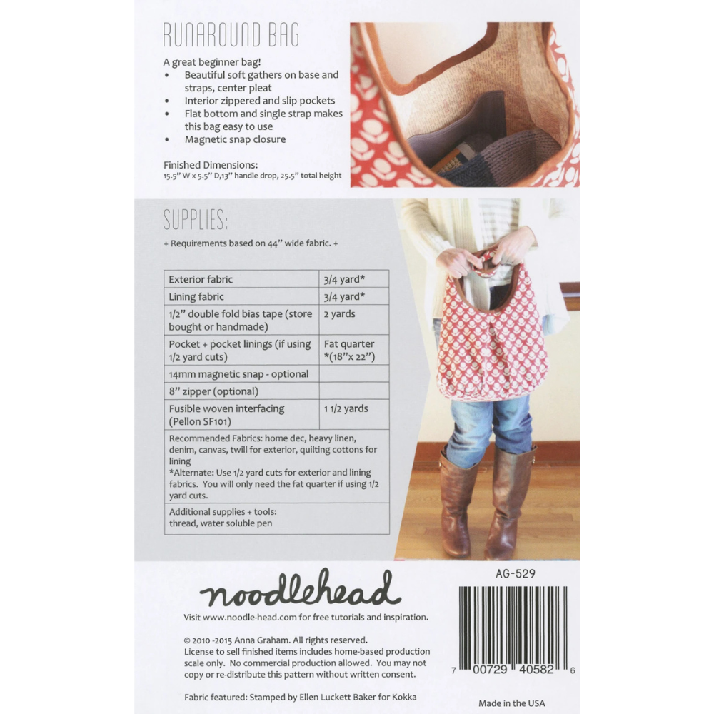 Patterned bag with instructions and materials on a white background