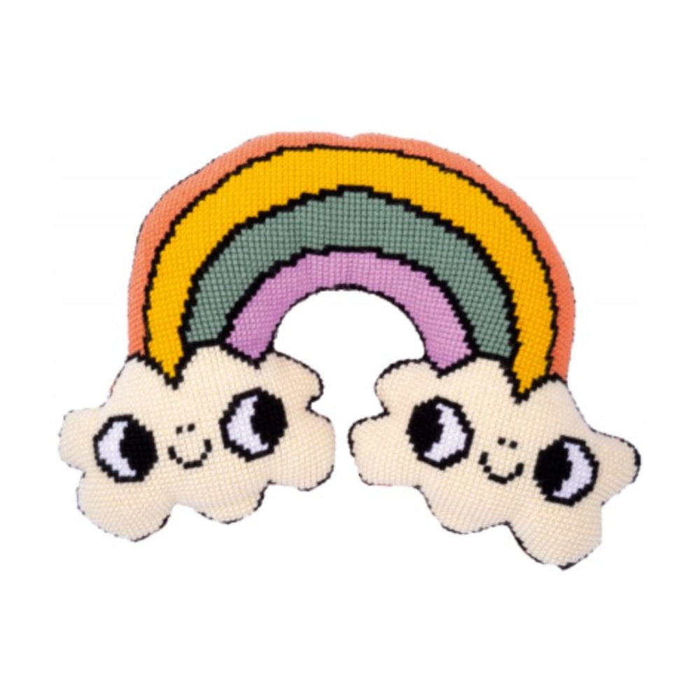 Rainbow shaped cross stitch cushion with smiley face clouds on both sides.