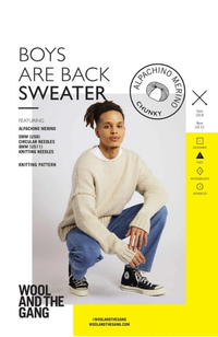 Knitting pattern cover for 'Boys Are Back Sweater' by Alpachino Merino, featuring a model wearing a cream-colored chunky knit sweater, blue jeans, and black sneakers against a white background with a bright yellow side panel.
