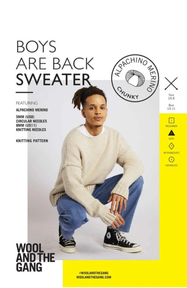 Knitting pattern cover for 'Boys Are Back Sweater' by Alpachino Merino, featuring a model wearing a cream-colored chunky knit sweater, blue jeans, and black sneakers against a white background with a bright yellow side panel.