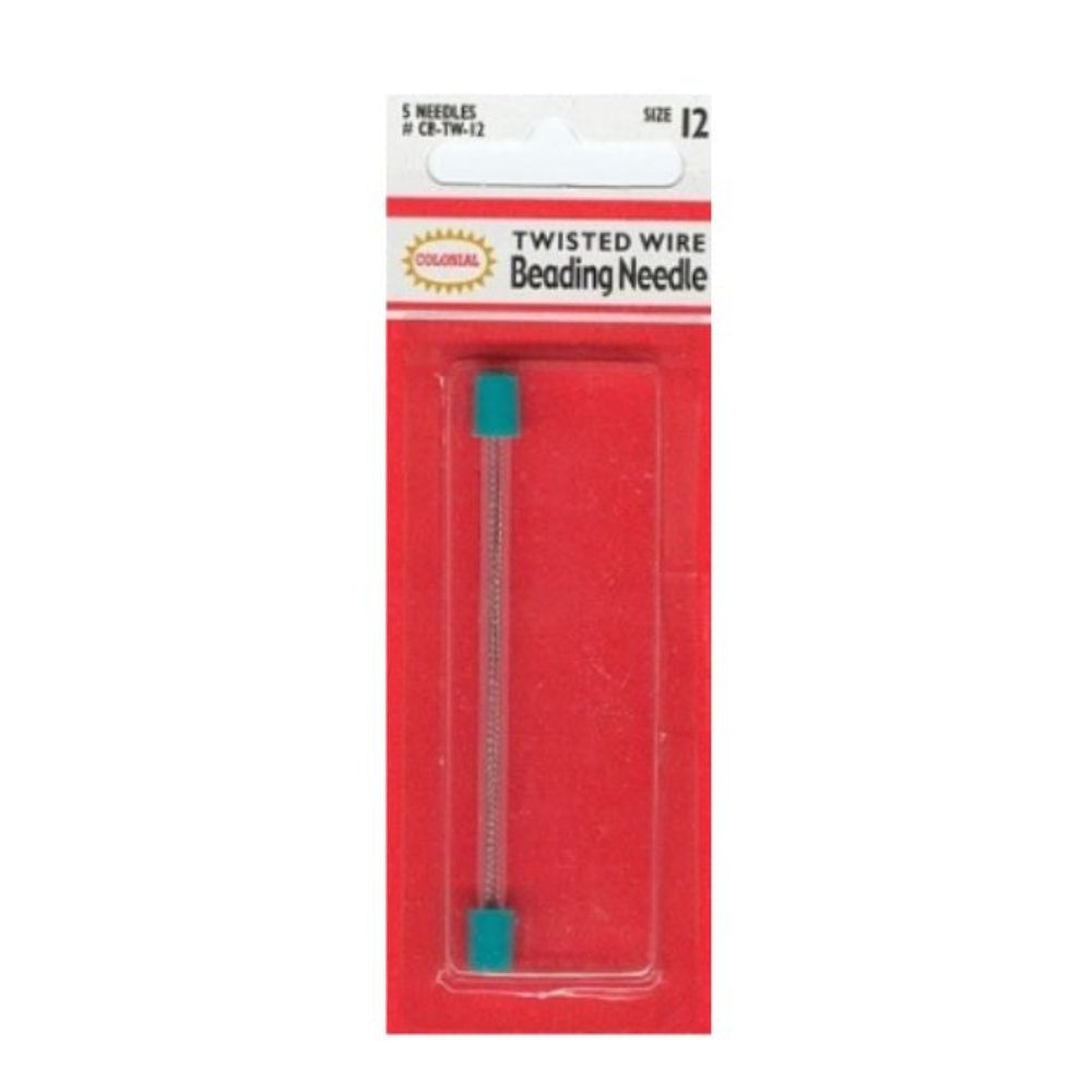 red packaging with blue and clar tube containing silver beading needles . Reads "twisted wire beading needle"