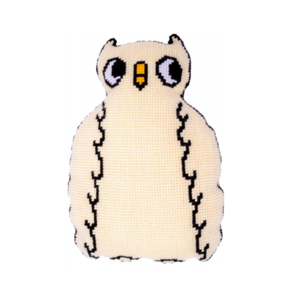 White owl with orange beak and black outline needle craft cushion on white background.