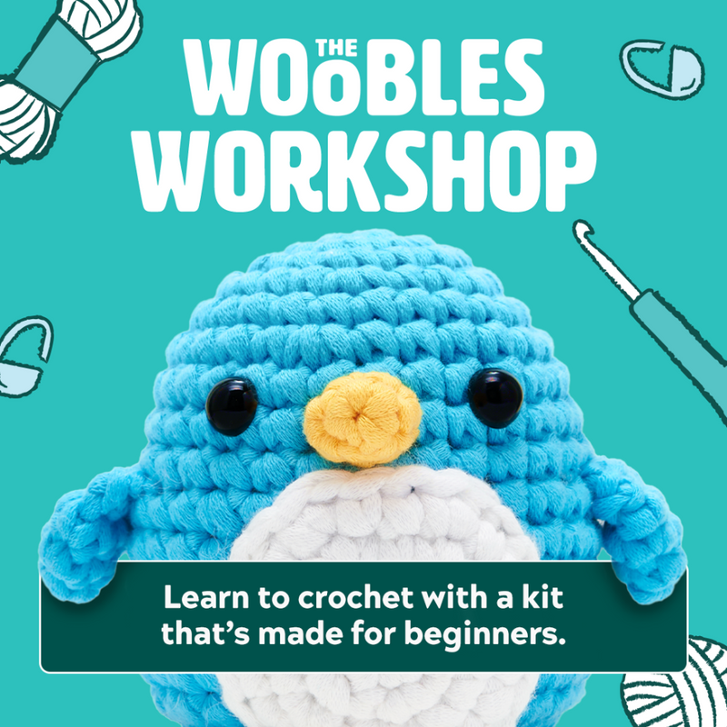 Crocheted blue creature with text about a beginner crochet kit on a teal background