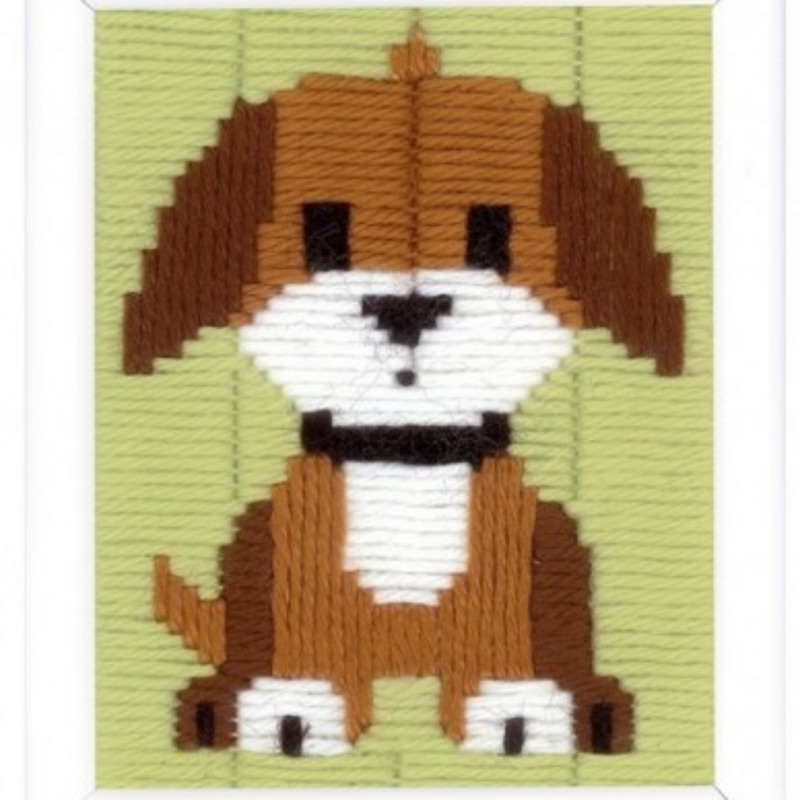needlecraft project with a brown dog on a green background