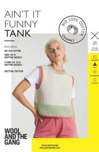 Model in pink pants and white tshirt wearing a colorblocked knit tank top on a white and yellow background with Wool and the Gang branding and text.