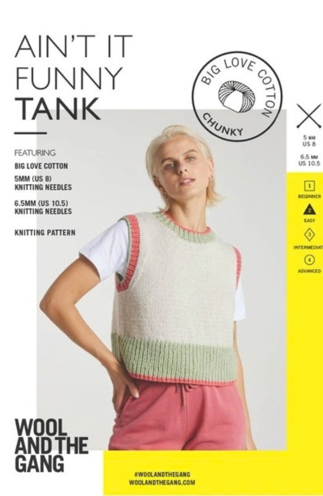 Model in pink pants and white tshirt wearing a colorblocked knit tank top on a white and yellow background with Wool and the Gang branding and text.