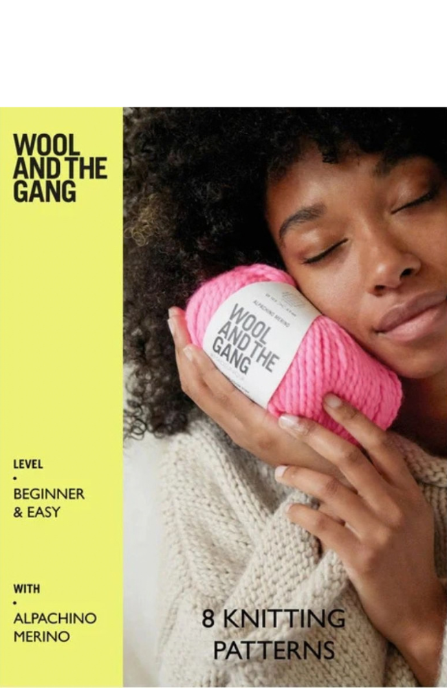 Book cover for 'Wool and the Gang: Level Beginner & Easy' knitting patterns, featuring a woman holding a pink ball of yarn on a bright yellow background.