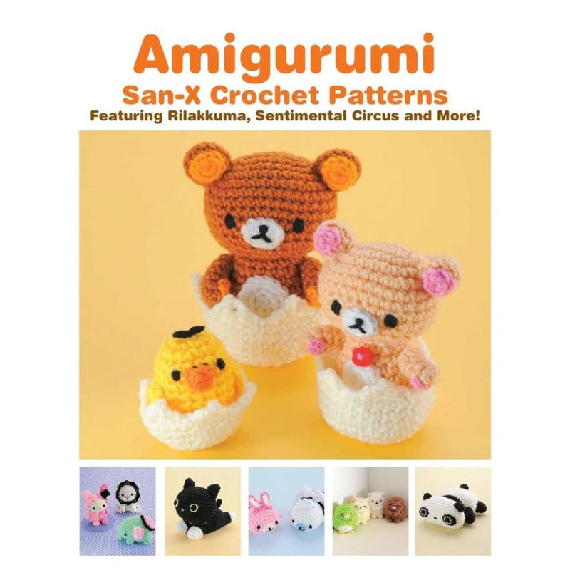 Book cover of 'Amigurumi San-X Crochet Patterns' featuring Rilakkuma and other characters on a yellow background.