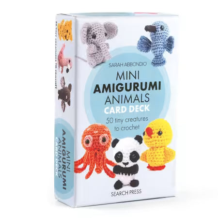 White box labeled "Mini Amigurumi Animals Card Deck" with images of various crocheted animals on a white background.