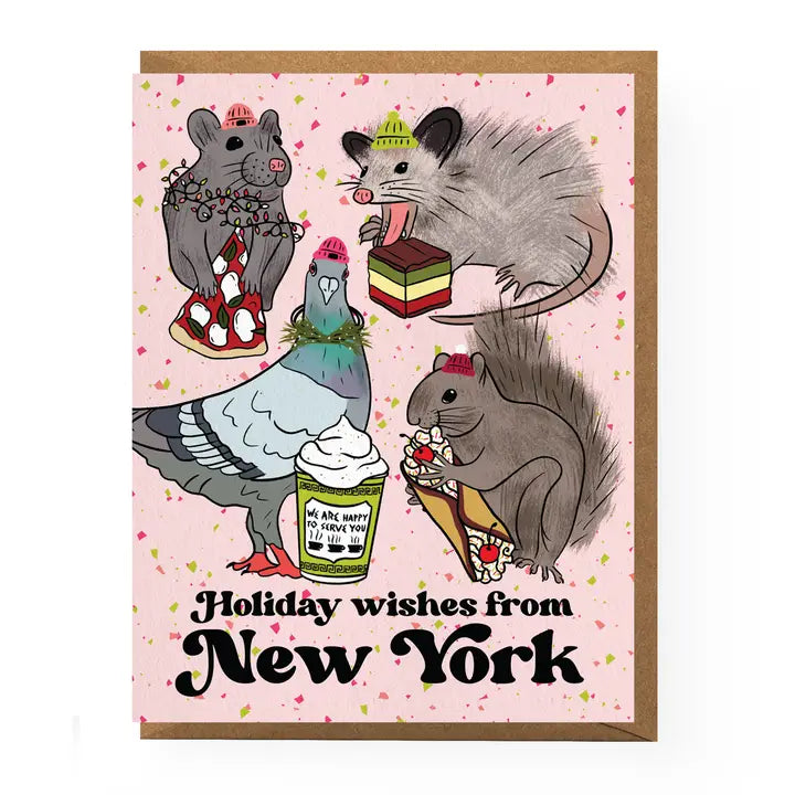 Greeting card with illustrations of animals and text 'Holiday wishes from New York' on a pink background.