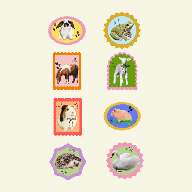 Set of animal-themed stickers on a beige background