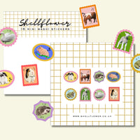 Set of Shellflower mini washi stickers featuring animals on a grid background.