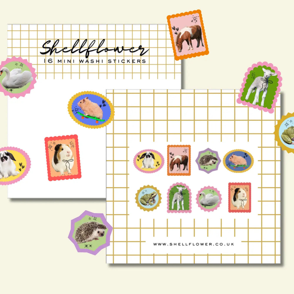 Set of Shellflower mini washi stickers featuring animals on a grid background.