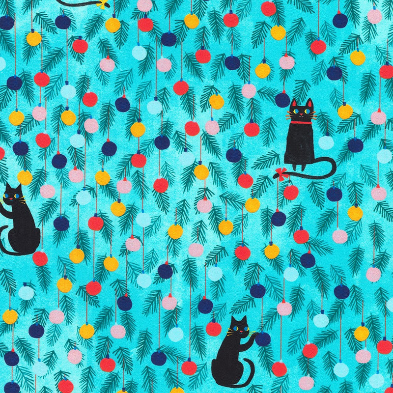 Close-up of aqua fabric with images of black cats, pine boughs, and multicolor ornaments on it.