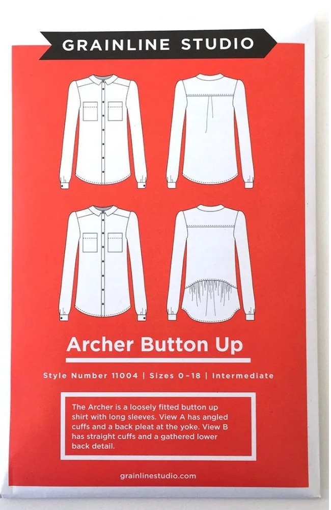 Four line drawings of different versions of the Archer Button Up on a red background with Grainline Studio branding and text.