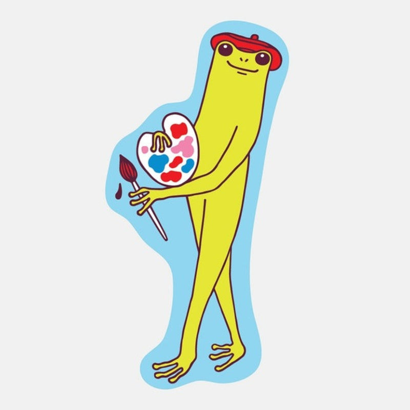Colorful illustration of a frog holding a paintbrush and palette on a light blue background