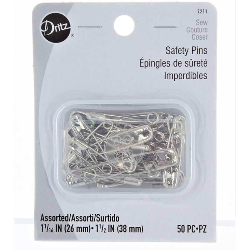 Box of safety pins on white Dritz packaging