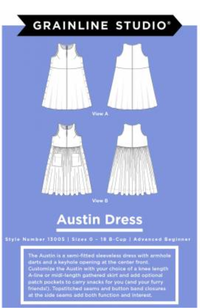 Four line drawings of the Austin Dress on a baby blue background with Grainline Studio branding  and pattern description text.