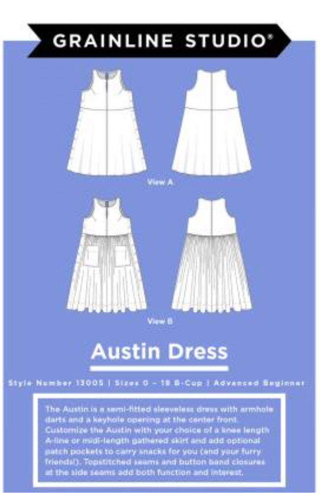 Four line drawings of the Austin Dress on a baby blue background with Grainline Studio branding  and pattern description text.